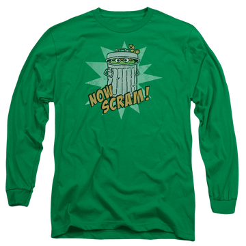Kelly green men's long sleeve t-shirt with Sesame Street Now Scram graphic