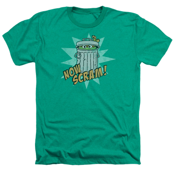 Kelly green men's heather t-shirt with Sesame Street Now Scram graphic
