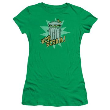 Kelly green juniors t-shirt with Sesame Street Now Scram graphic