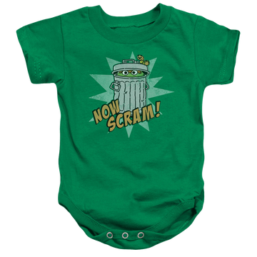 Kelly green baby bodysuit with Sesame Street Now Scram graphic