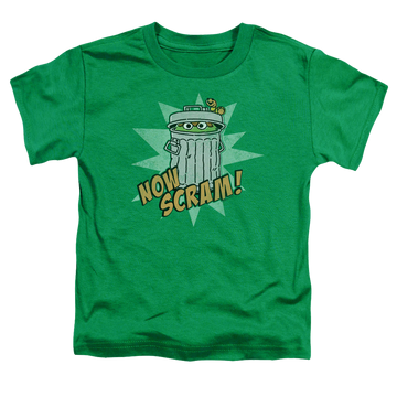 Kelly green toddler t-shirt with Sesame Street Now Scram graphic