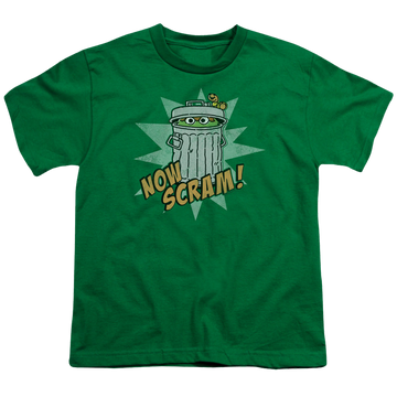 Kelly green youth t-shirt for ages 8 to 12 with Sesame Street Now Scram graphic