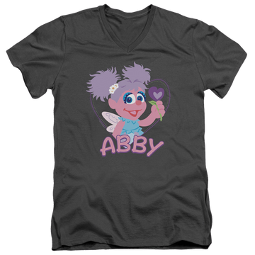 Charcoal men's v-neck t-shirt with Sesame Street Flat Abby graphic