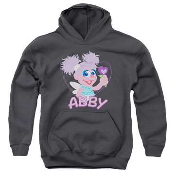 Charcoal youth hoodie for ages 8 to 12 with Sesame Street Flat Abby graphic