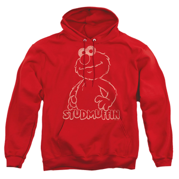 Red pullover hoodie with Sesame Street Studmuffin graphic