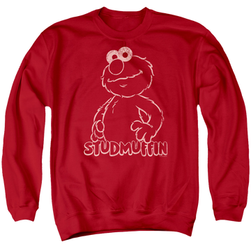 Red men's crewneck sweatshirt with Sesame Street Studmuffin graphic