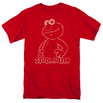 Red men's regular fit t-shirt with Sesame Street Studmuffin graphic
