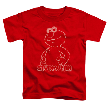 Red kid's t-shirt for ages 4 to 7 with Sesame Street Studmuffin graphic