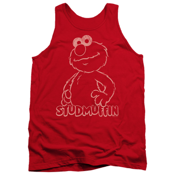 Red men's tank with Sesame Street Studmuffin graphic