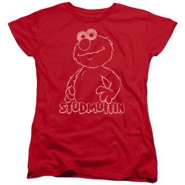 Red women's t-shirt with Sesame Street Studmuffin graphic