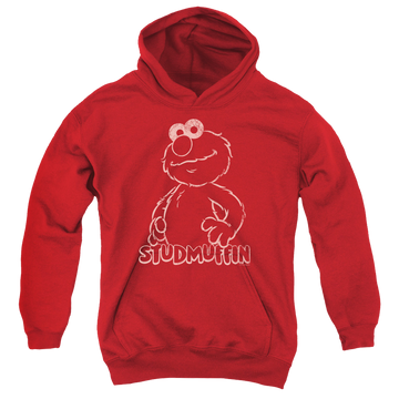Red youth hoodie for ages 8 to 12 with Sesame Street Studmuffin graphic