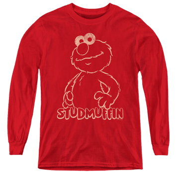 Red youth long sleeve t-shirt with Sesame Street Studmuffin graphic