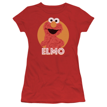 Red juniors t-shirt with Sesame Street Elmo Scribble graphic