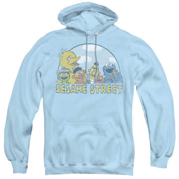 Light blue pullover hoodie with Sesame Street Sesame Group graphic