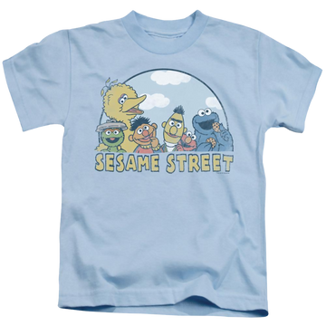 Light blue kid's t-shirt for ages 4 to 7 with Sesame Street Sesame Group graphic