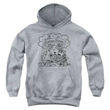 Athletic heather youth hoodie for ages 8 to 12 with Sesame Street Simple Street graphic