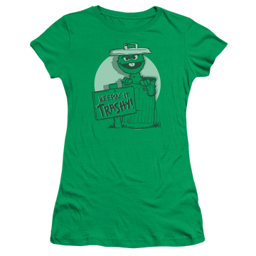 Kelly green juniors t-shirt with Sesame Street Keepin It Trashy graphic