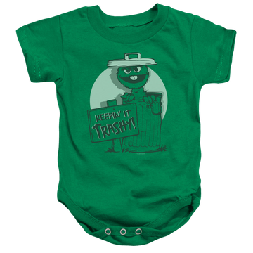Kelly green baby bodysuit with Sesame Street Keepin It Trashy graphic