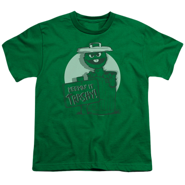 Kelly green youth t-shirt for ages 8 to 12 with Sesame Street Keepin It Trashy graphic