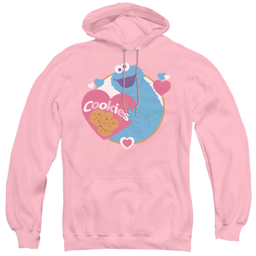 Pink pullover hoodie with Sesame Street Love Cookies graphic