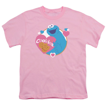 Pink youth t-shirt for ages 8 to 12 with Sesame Street Love Cookies graphic