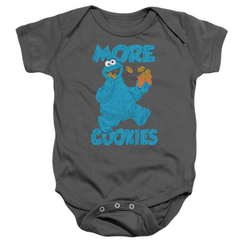 Charcoal baby bodysuit with Sesame Street More Cookies graphic