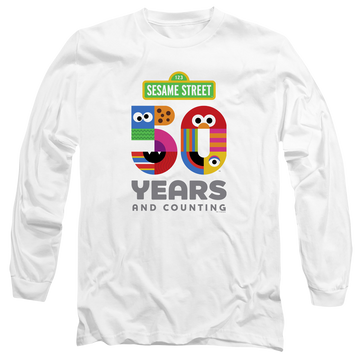 White men's long sleeve t-shirt with Sesame Street 50 Years Logo graphic