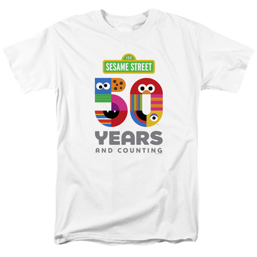 White men's regular fit t-shirt with Sesame Street 50 Years Logo graphic