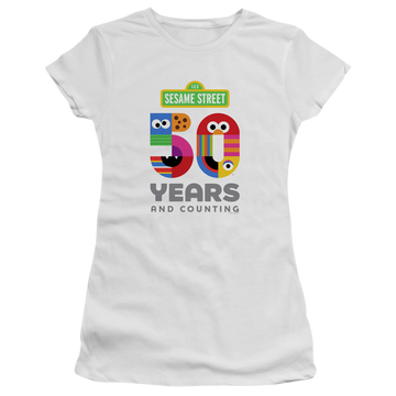 White juniors t-shirt with Sesame Street 50 Years Logo graphic