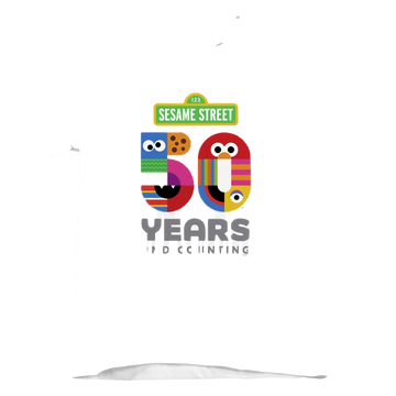 White kid's t-shirt for ages 4 to 7 with Sesame Street 50 Years Logo graphic