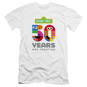 White men's premium slim fit t-shirt with Sesame Street 50 Years Logo graphic