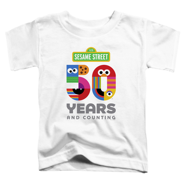 White toddler t-shirt with Sesame Street 50 Years Logo graphic
