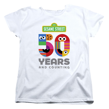 White women's t-shirt with Sesame Street 50 Years Logo graphic