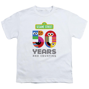 White youth t-shirt for ages 8 to 12 with Sesame Street 50 Years Logo graphic