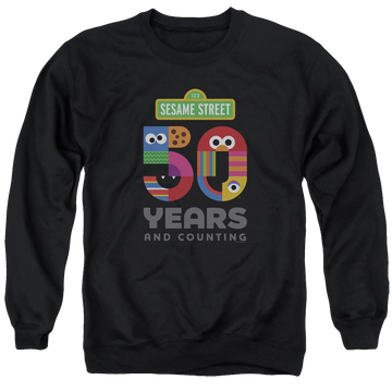 Black men's crewneck sweatshirt with Sesame Street 50 Years Logo graphic