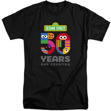 Black men's tall fit t-shirt with Sesame Street 50 Years Logo graphic