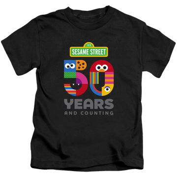 Black kid's t-shirt for ages 4 to 7 with Sesame Street 50 Years Logo graphic