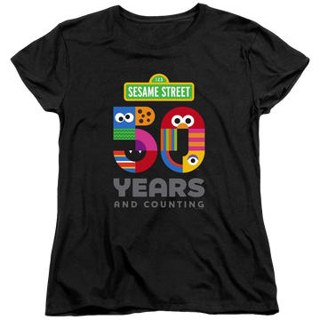 Black women's t-shirt with Sesame Street 50 Years Logo graphic