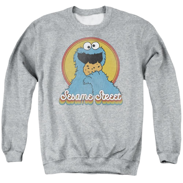 Athletic heather men's crewneck sweatshirt with Sesame Street Cookie Monster Layers graphic