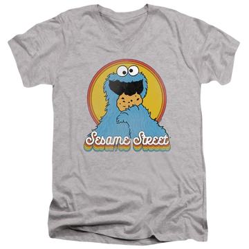 Athletic heather men's v-neck t-shirt with Sesame Street Cookie Monster Layers graphic