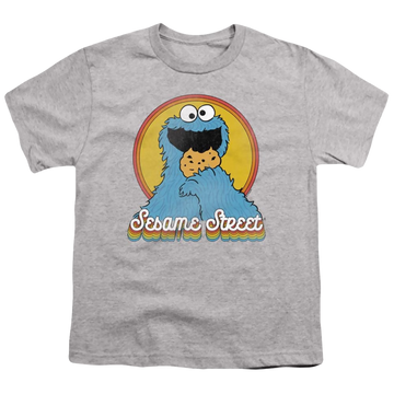 Athletic heather youth t-shirt for ages 8 to 12 with Sesame Street Cookie Monster Layers graphic