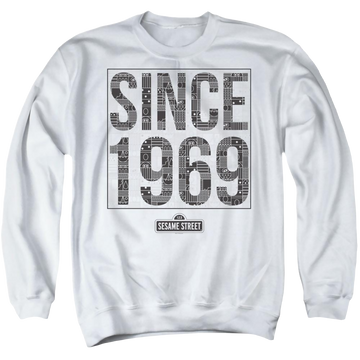 White men's crewneck sweatshirt with Sesame Street Since 1969 Pattern graphic