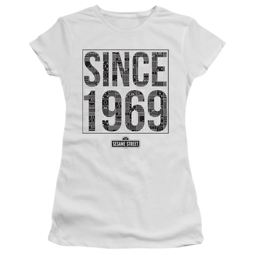 White juniors t-shirt with Sesame Street Since 1969 Pattern graphic