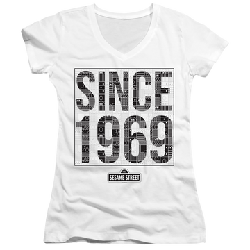 White juniors v-neck t-shirt with Sesame Street Since 1969 Pattern graphic