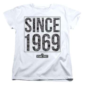 White women's t-shirt with Sesame Street Since 1969 Pattern graphic