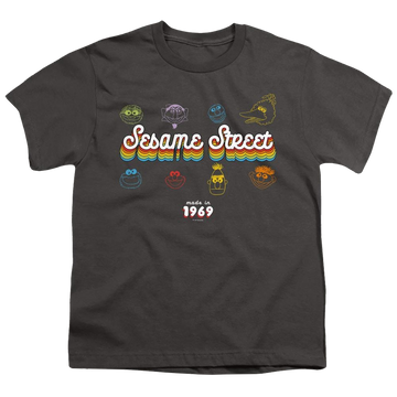 Charcoal youth t-shirt for ages 8 to 12 with Sesame Street Made In 1969 graphic