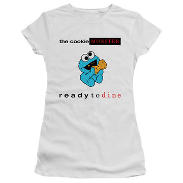 White juniors t-shirt with Sesame Street Ready To Dine graphic