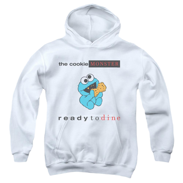 White youth hoodie for ages 8 to 12 with Sesame Street Ready To Dine graphic