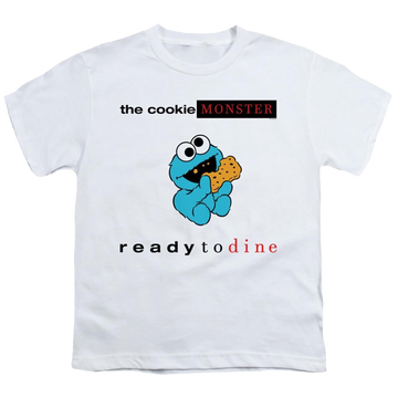 White youth t-shirt for ages 8 to 12 with Sesame Street Ready To Dine graphic