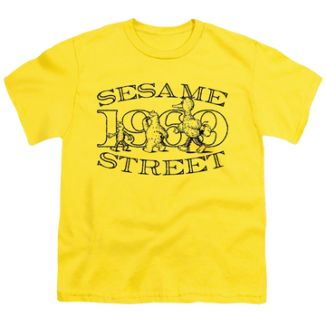 Yellow youth t-shirt for ages 8 to 12 with Sesame Street Friend Stroll graphic